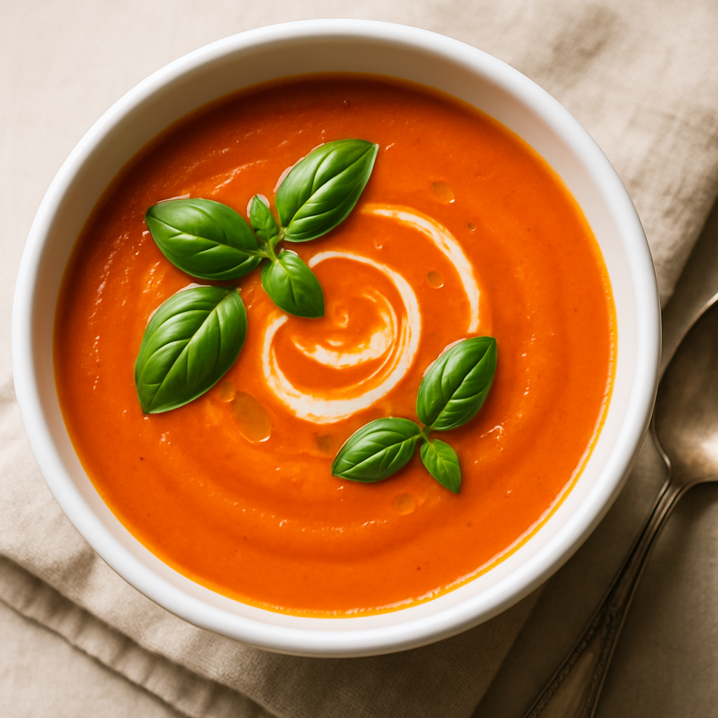 Bowl of finished Classic Tomato Basil Soup garnished with fresh basil and cream