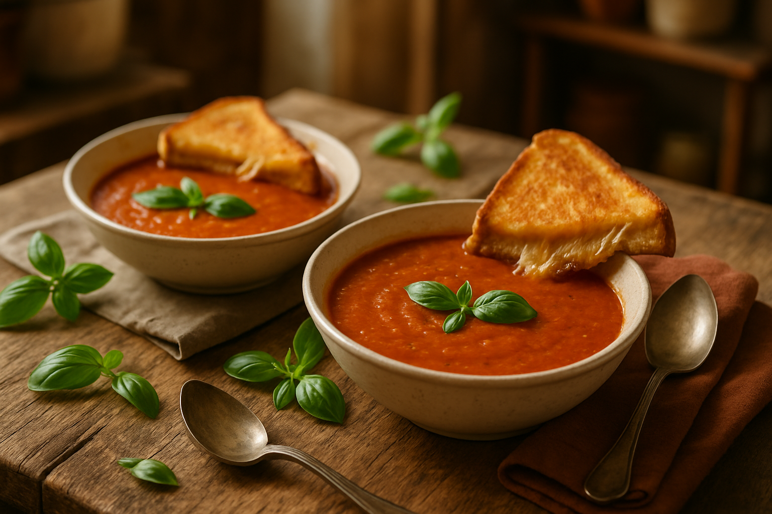 Classic Tomato Basil Soup served with grilled cheese sandwiches on a rustic wooden table