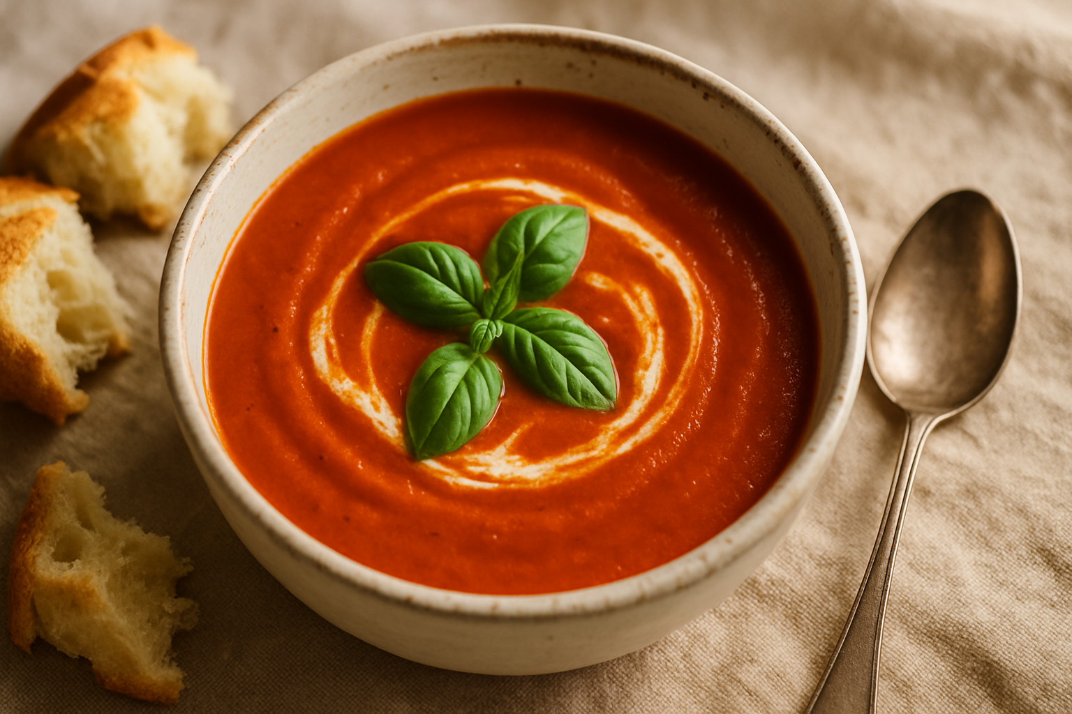 Classic Tomato Basil Soup in a white bowl garnished with fresh basil and cream swirl