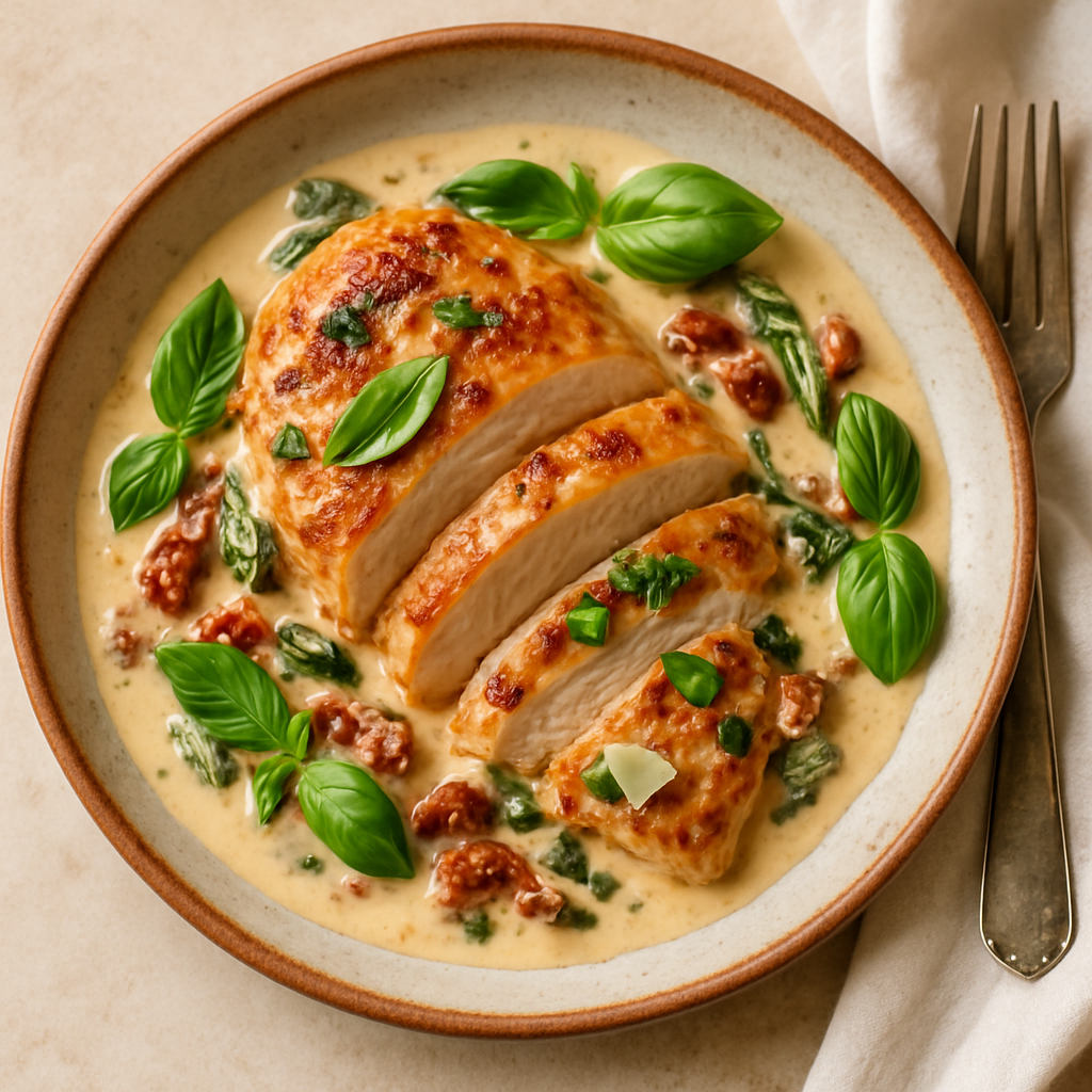 Plated Creamy Tuscan Chicken with sliced chicken breast, sun-dried tomatoes, spinach, and Parmesan cream sauce garnished with fresh basil