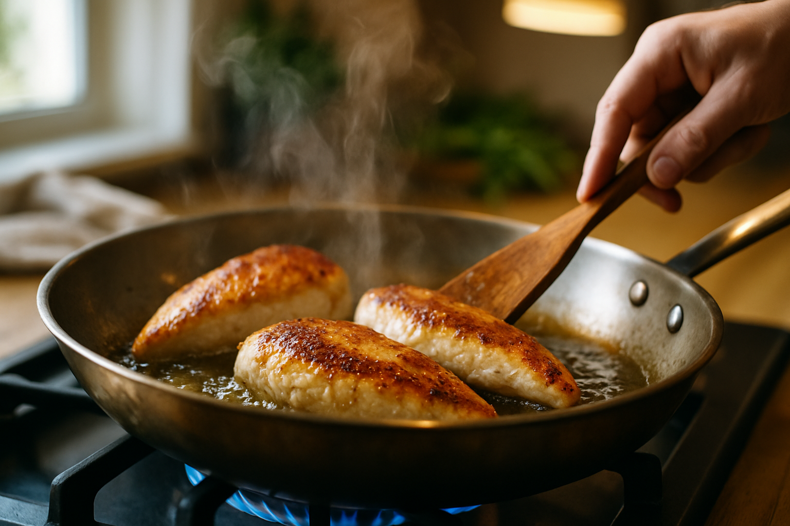 Golden-brown chicken breasts searing in a skillet with olive oil during the cooking process