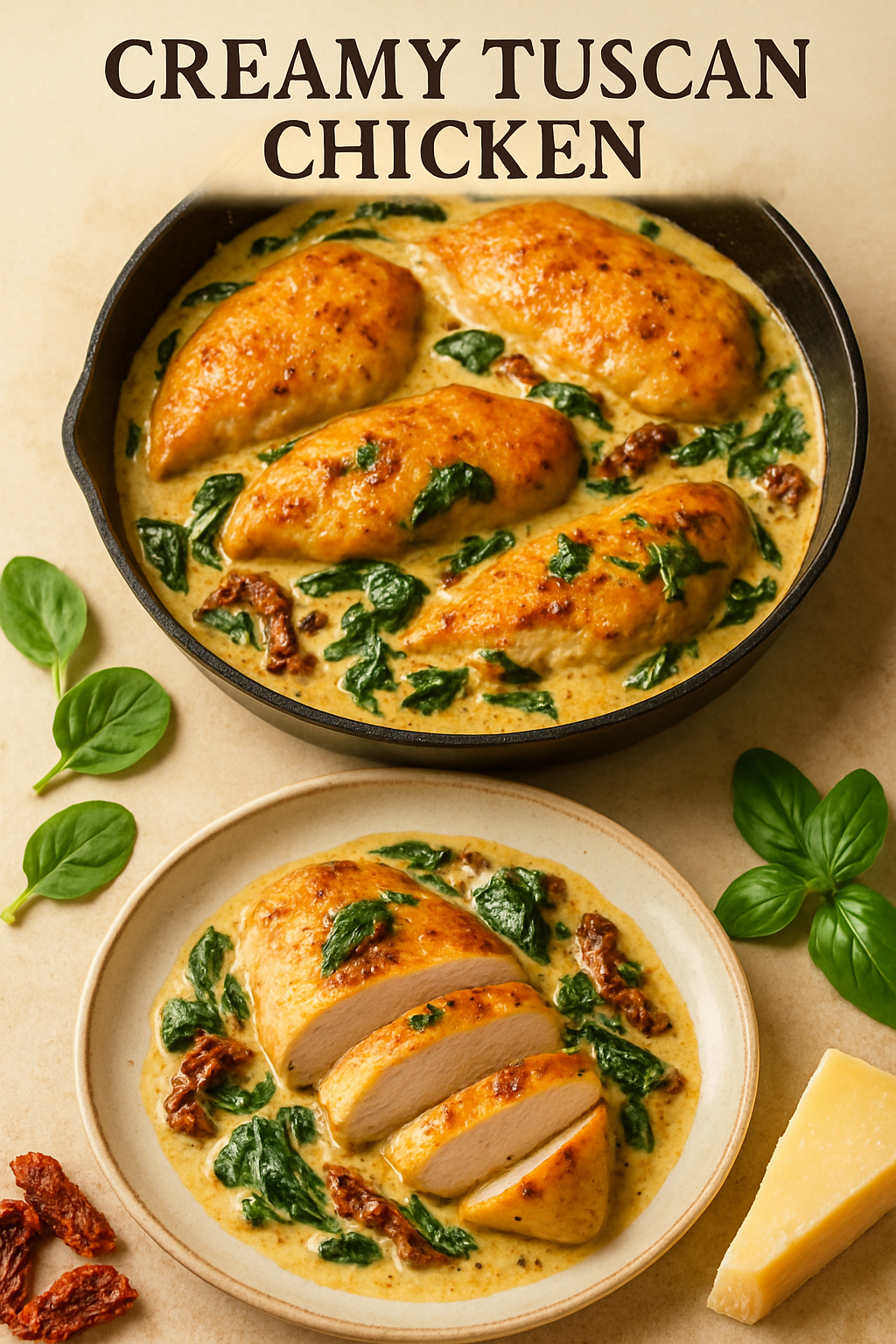 Vertical composition of Creamy Tuscan Chicken recipe showing finished dish with sun-dried tomatoes, spinach, and Parmesan cream sauce