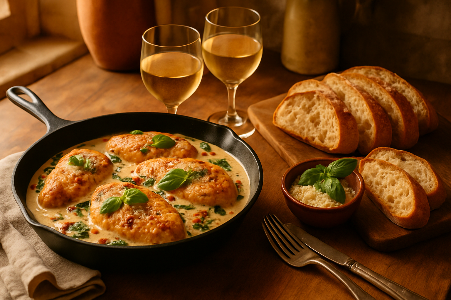 Creamy Tuscan Chicken dinner table setting with crusty bread, white wine, and Italian-inspired accompaniments