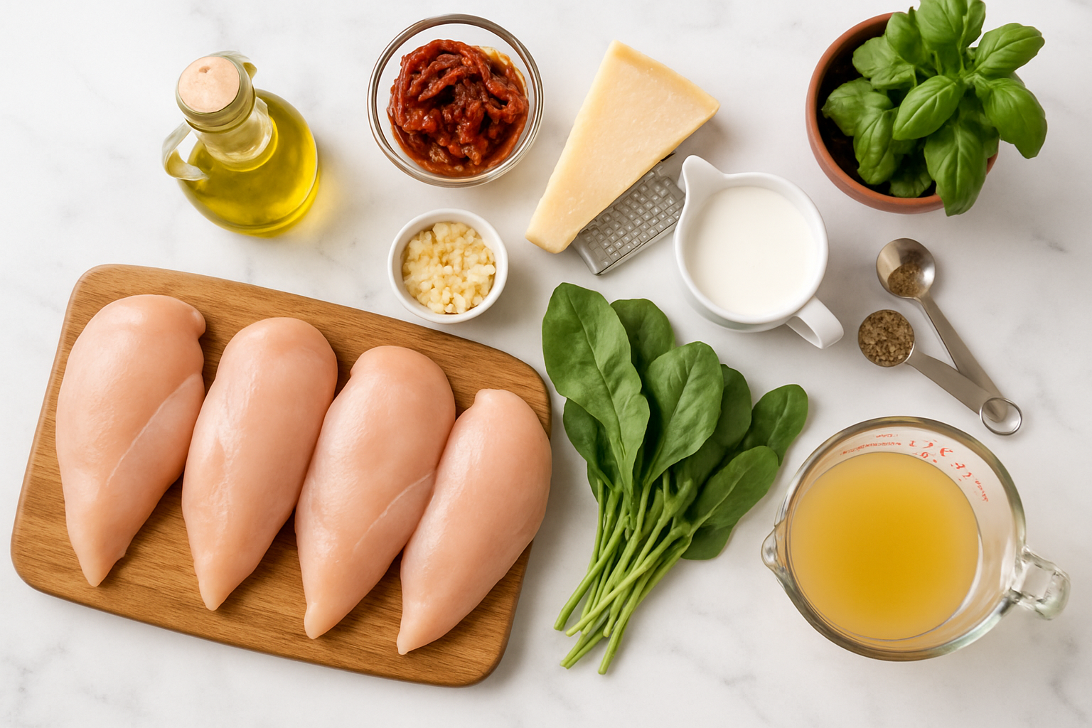 Overhead view of fresh ingredients for Creamy Tuscan Chicken including chicken breasts, sun-dried tomatoes, spinach, Parmesan cheese, and cream