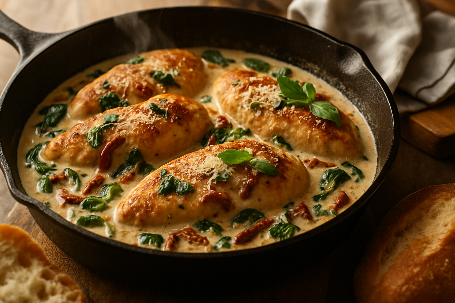 Creamy Tuscan Chicken with sun-dried tomatoes and spinach in a cast iron skillet with golden chicken breasts in rich Parmesan cream sauce