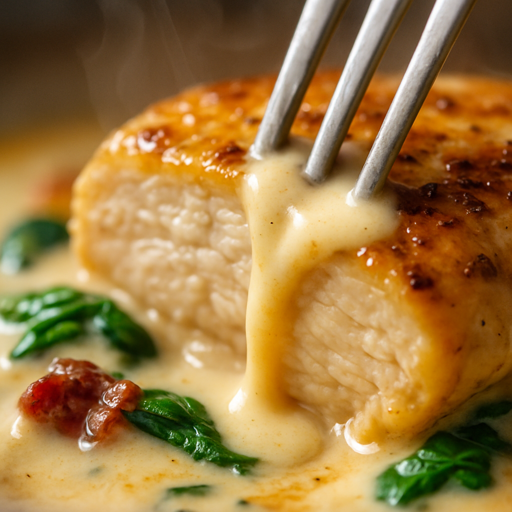 Close-up macro shot of fork cutting through tender Creamy Tuscan Chicken with rich Parmesan cream sauce