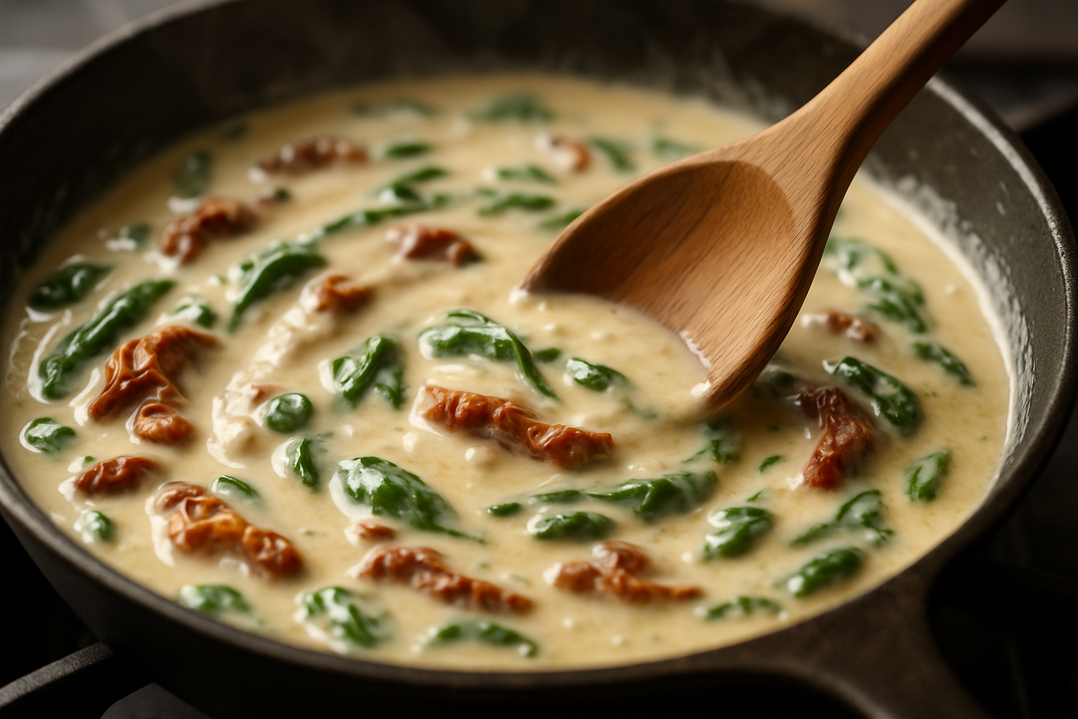 Creamy Parmesan sauce with sun-dried tomatoes and spinach being stirred in a skillet
