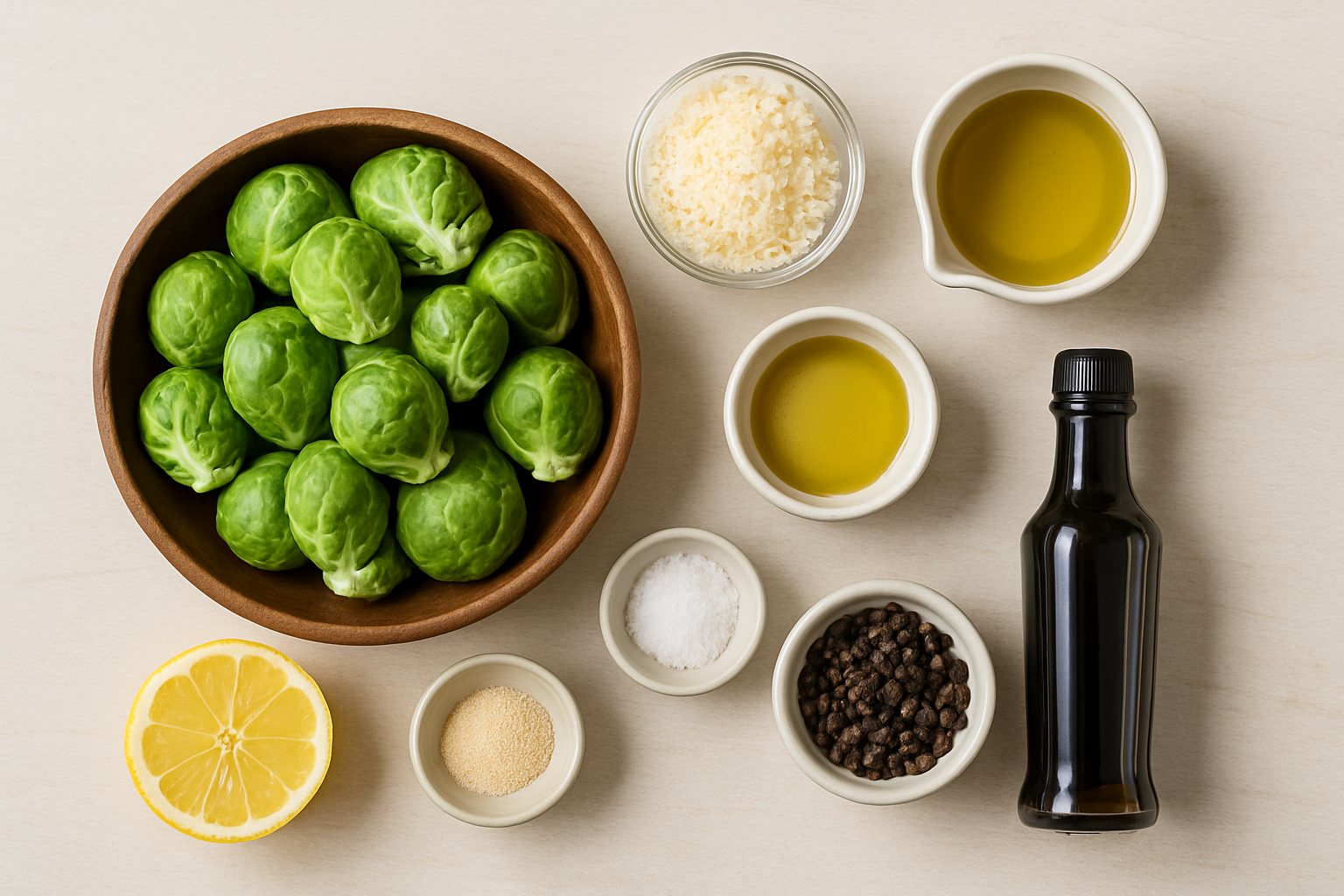 Flat lay of fresh brussels sprouts, grated parmesan cheese, olive oil, and seasonings arranged on white marble surface