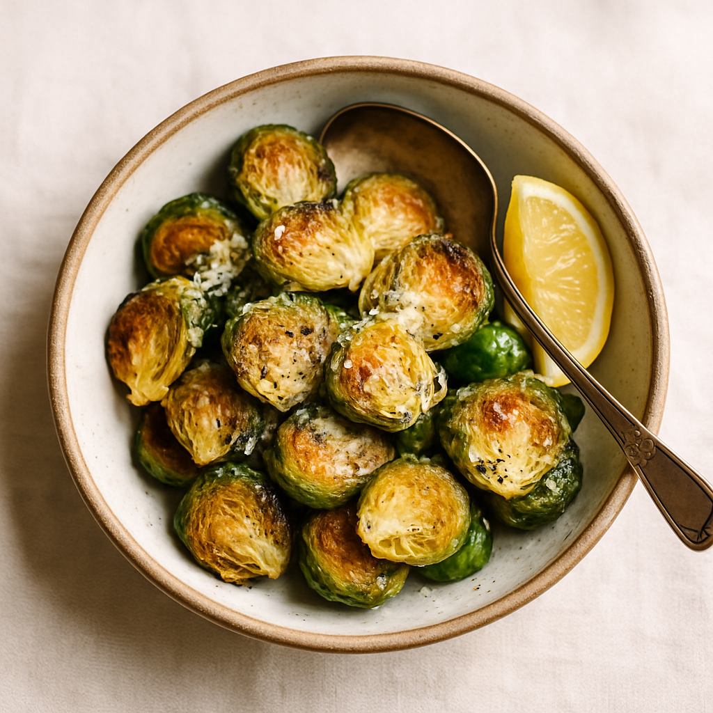 Overhead view of roasted brussels sprouts with golden parmesan crust in rustic ceramic bowl on light background