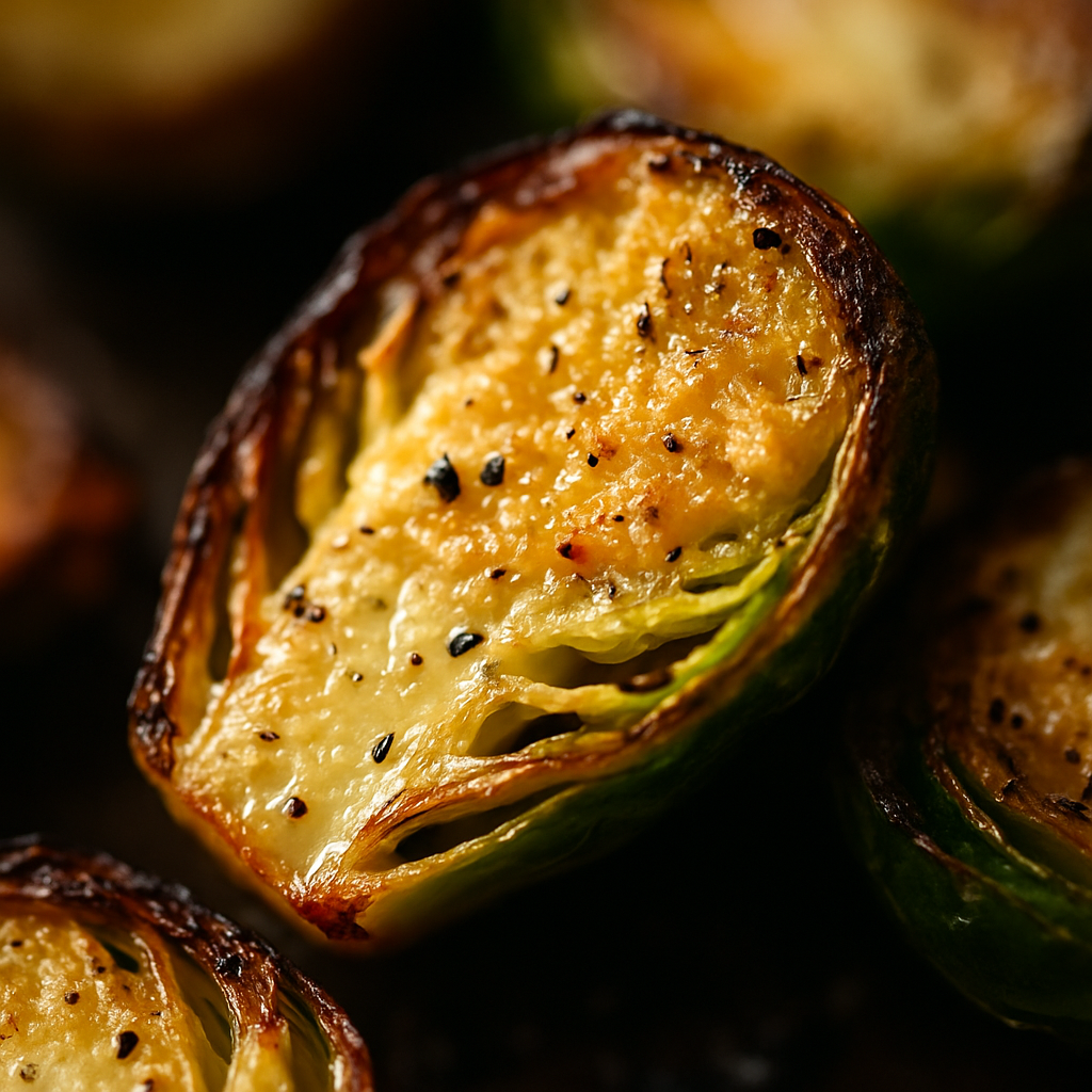 Extreme close-up of roasted brussels sprouts showing crispy caramelized edges and melted parmesan crust with detailed texture