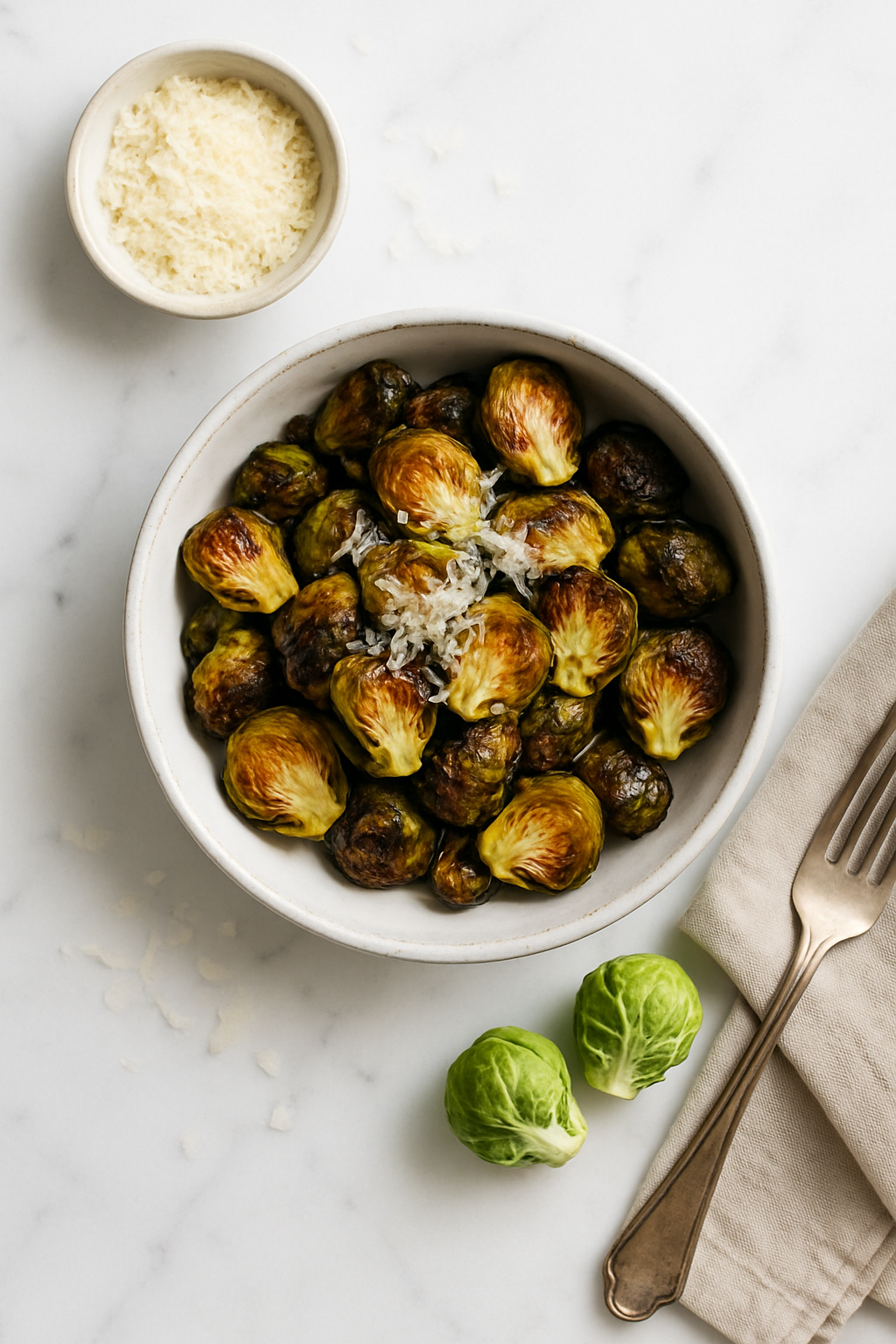 Overhead view of crispy roasted brussels sprouts with parmesan in white bowl on marble surface with fresh ingredients