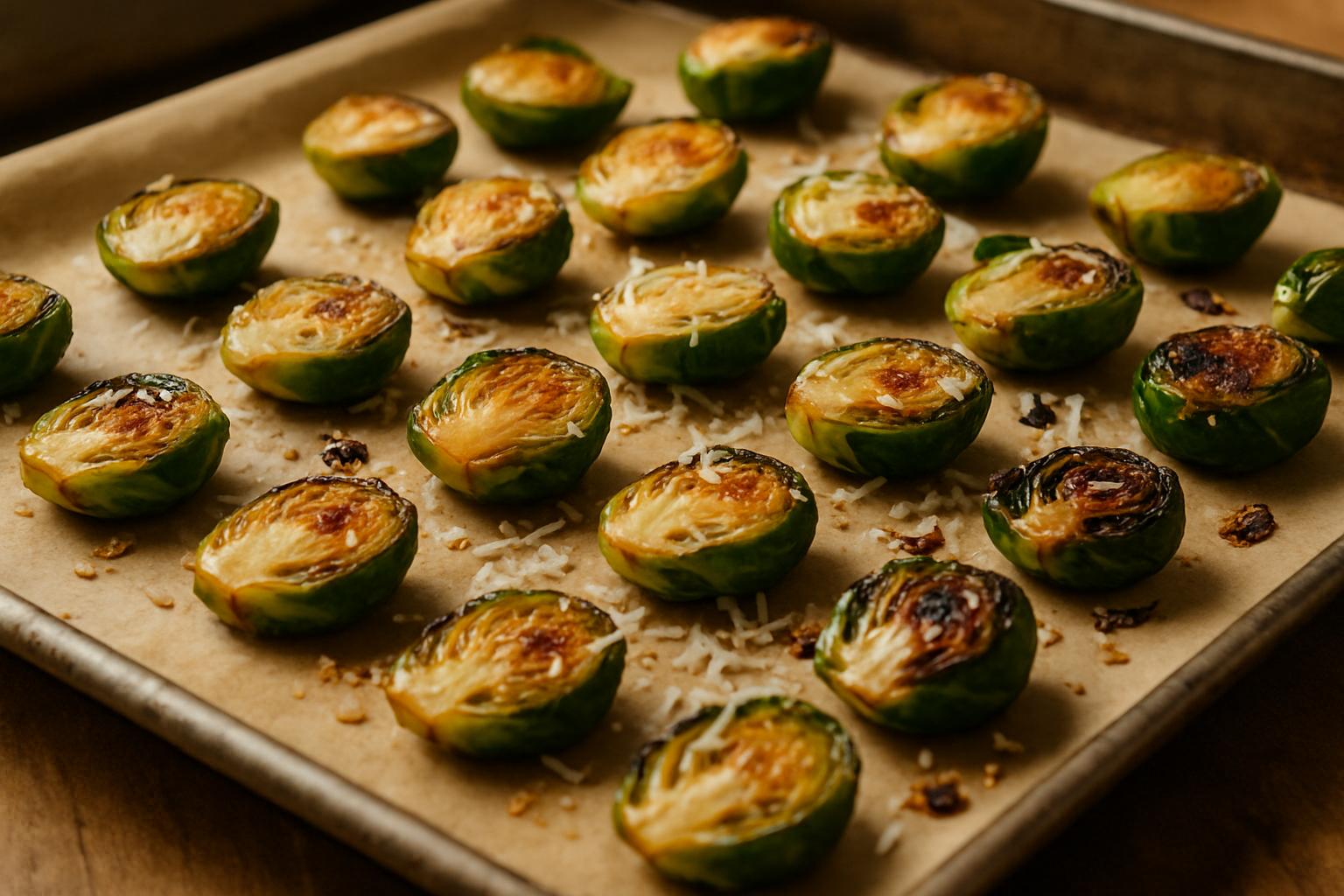 Halved brussels sprouts arranged cut-side down on parchment-lined baking sheet with golden caramelized edges and melted parmesan