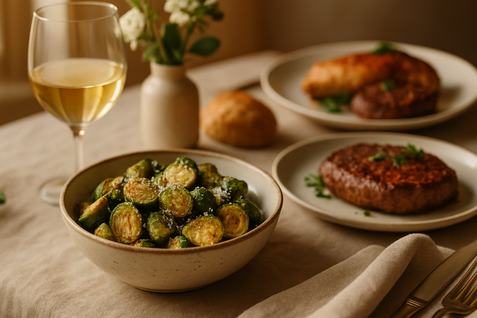Roasted brussels sprouts with parmesan served alongside roasted chicken on elegant dinner table with wine and bread