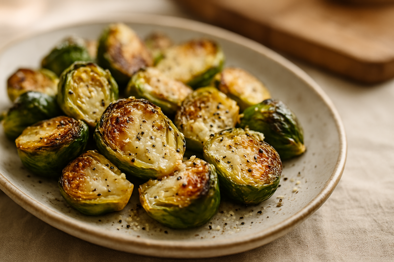 Crispy roasted brussels sprouts with golden parmesan cheese on a rustic ceramic platter with caramelized edges