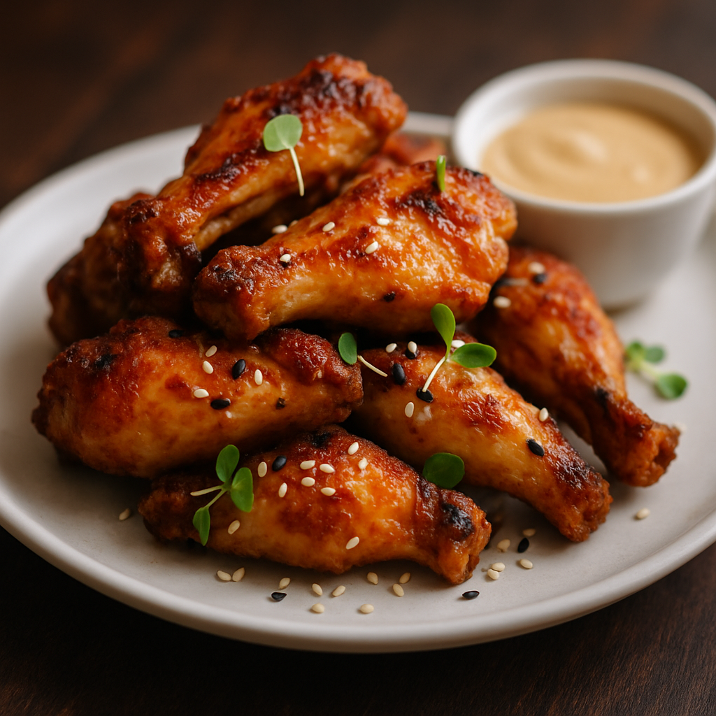 Perfectly crispy golden air fryer chicken wings on white plate ready to serve