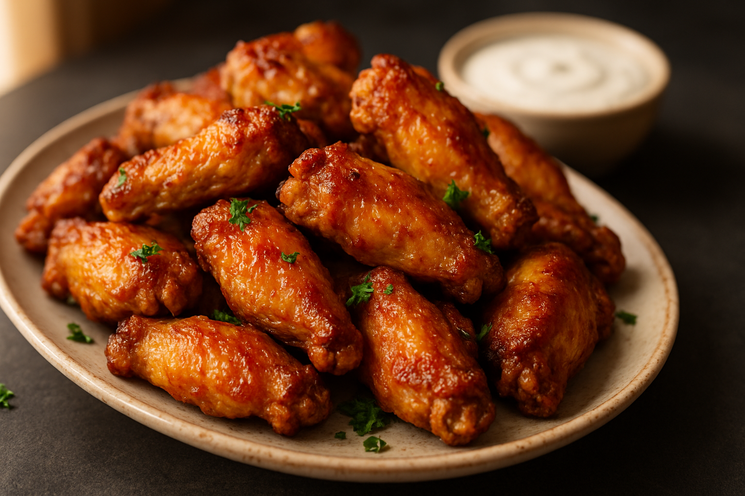 Crispy golden air fryer chicken wings arranged on white platter with dipping sauce