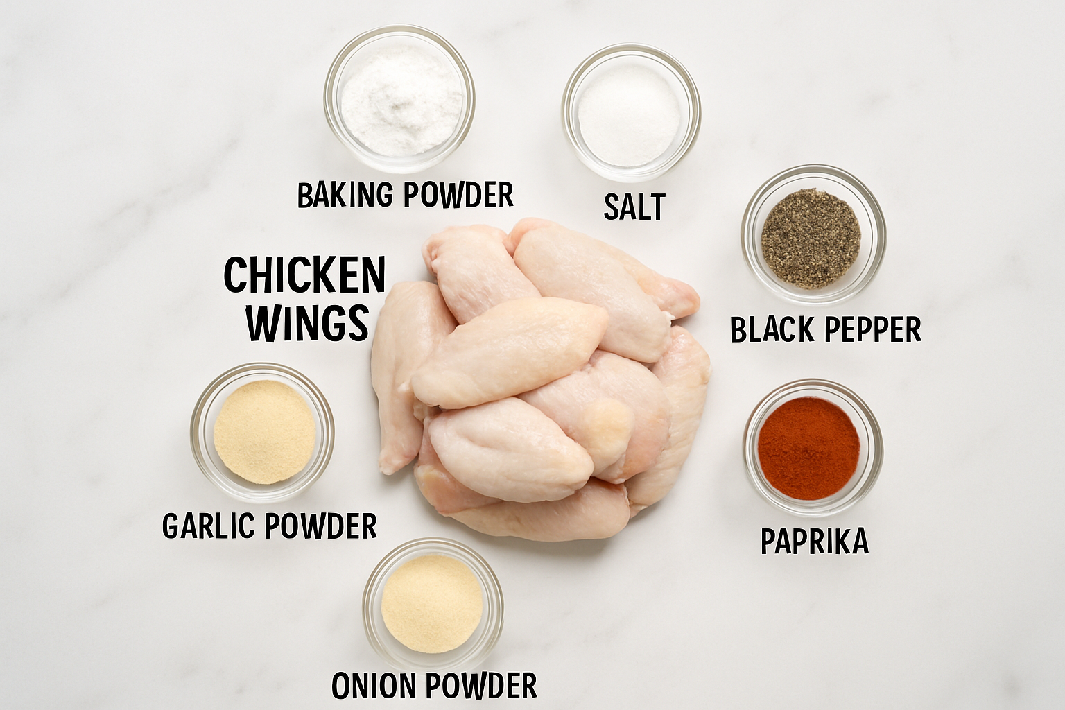 Flat lay of raw chicken wings and dry seasonings for air fryer recipe