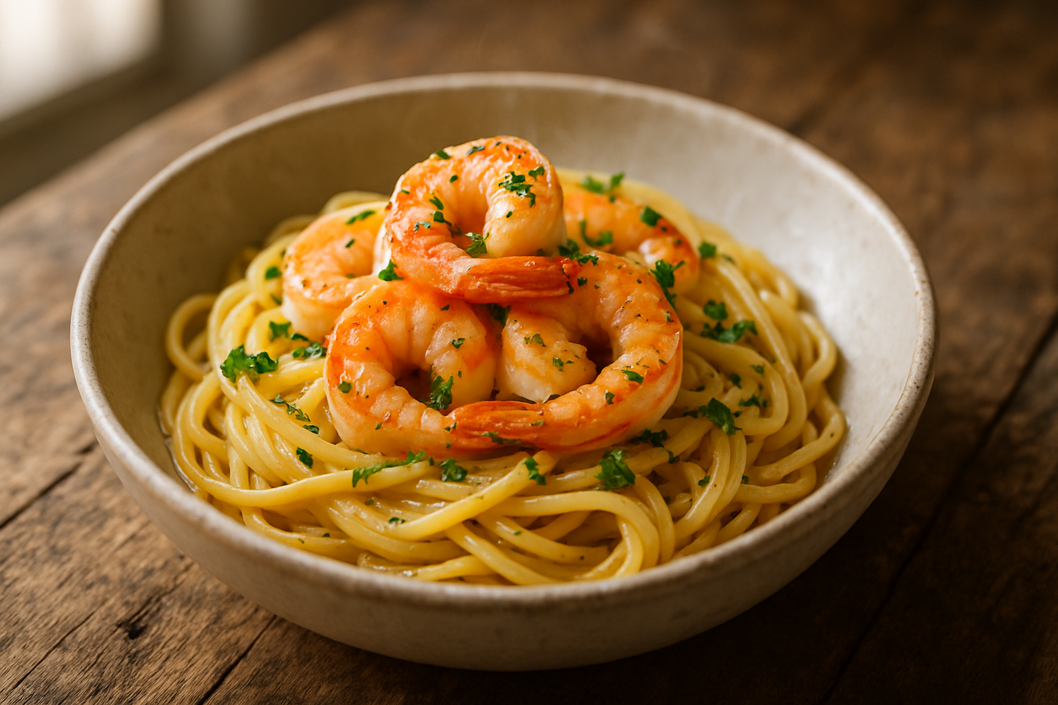 Garlic butter shrimp pasta served in a white bowl with golden sauce, pink shrimp, and fresh parsley garnish