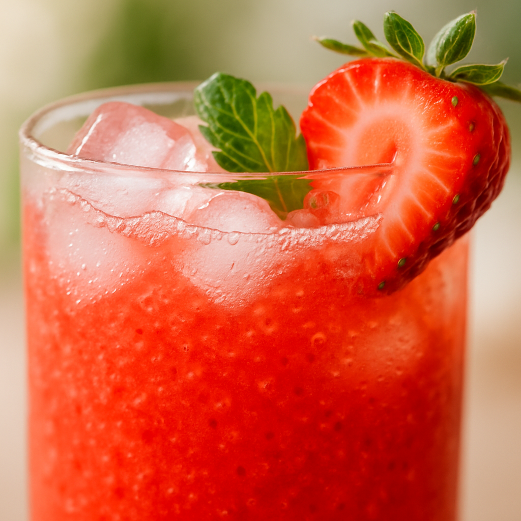 Close-up detail of pink strawberry lemonade showing ice cubes, condensation, and fresh strawberry garnish