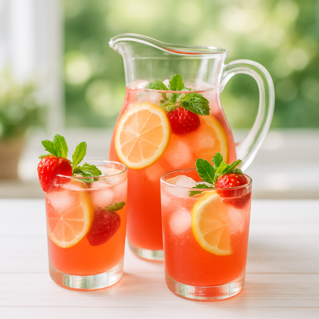 Glass pitcher and glasses filled with vibrant pink homemade strawberry lemonade garnished with fresh fruit and mint
