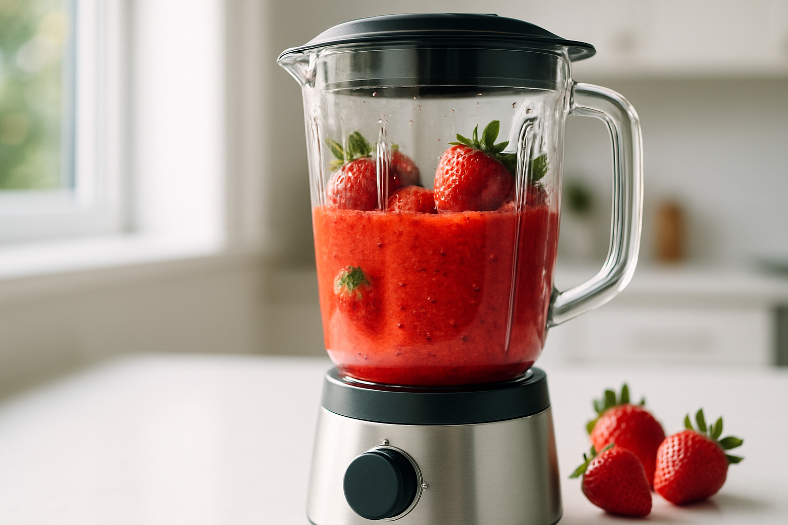 Fresh strawberries being blended into smooth puree in a glass blender on a white kitchen counter