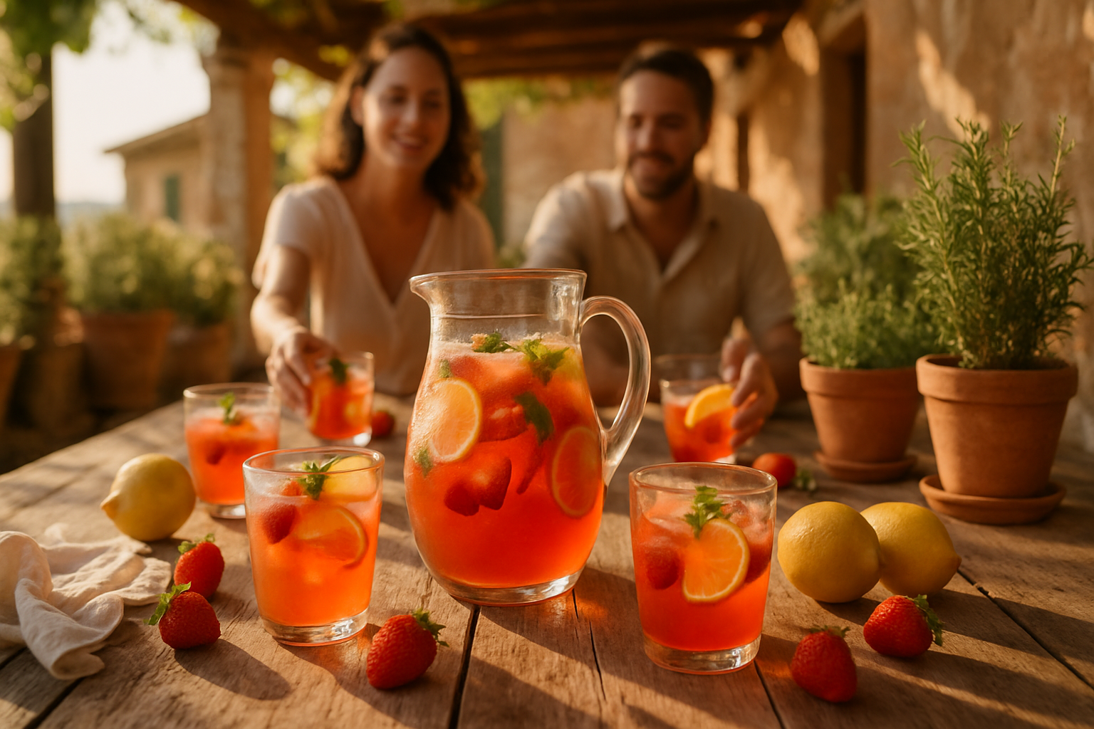 Outdoor summer scene with strawberry lemonade pitcher and glasses on rustic table during a gathering