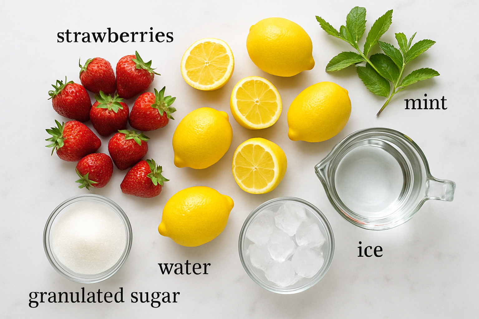 Overhead view of fresh ingredients for strawberry lemonade including strawberries, lemons, sugar, and mint on white marble surface