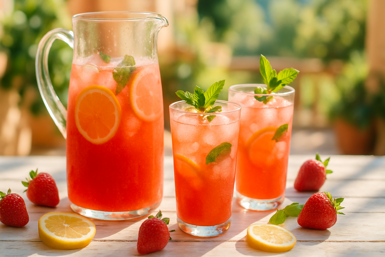 Tall glass pitcher of vibrant pink homemade strawberry lemonade with fresh strawberries and lemon slices on a rustic white table