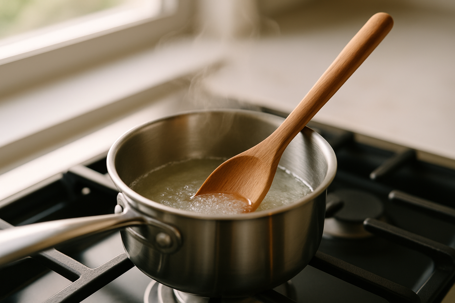 Small saucepan on stovetop with sugar dissolving in water to make simple syrup for strawberry lemonade