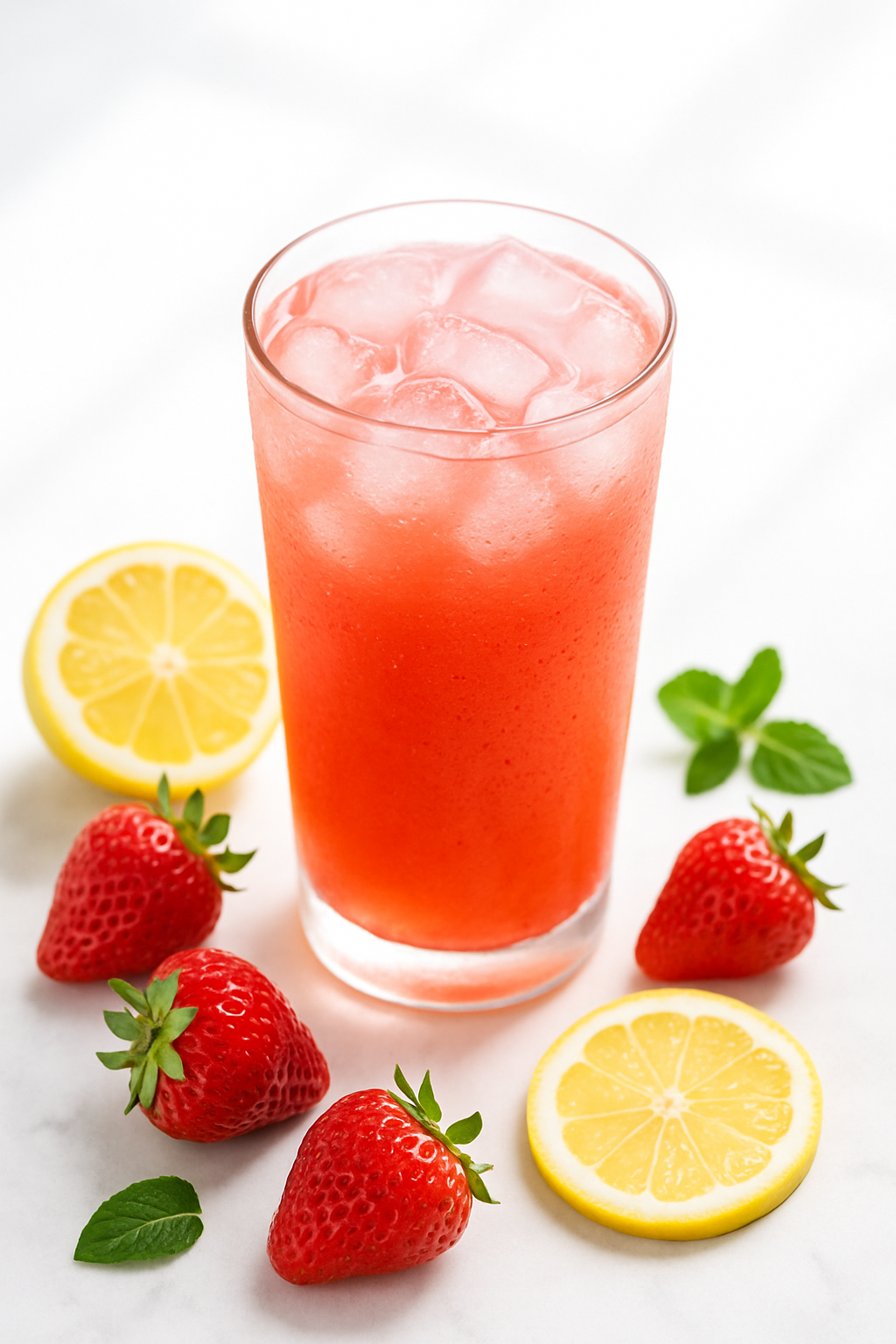 Vertical composition of fresh strawberry lemonade in a tall glass surrounded by fresh strawberries and lemon slices