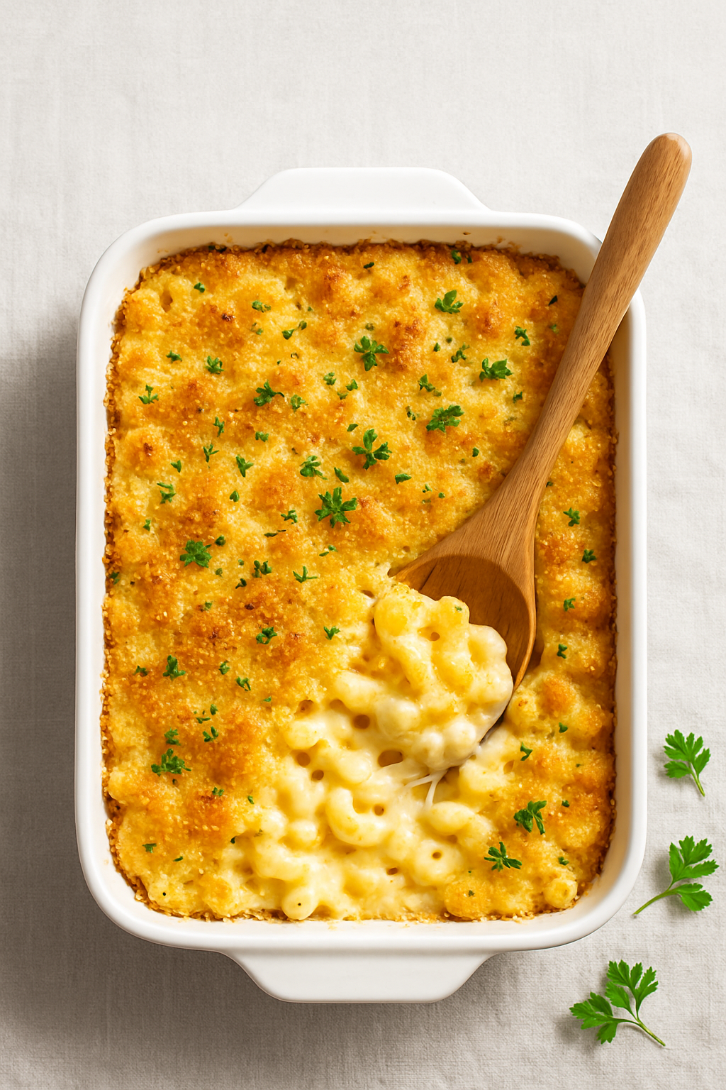 Overhead view of creamy baked mac and cheese with golden crispy topping