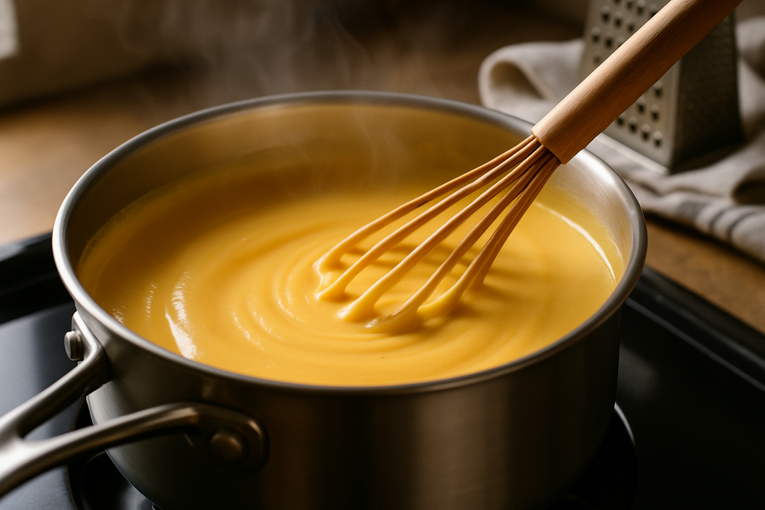 Creamy cheese sauce being whisked in saucepan for baked mac and cheese