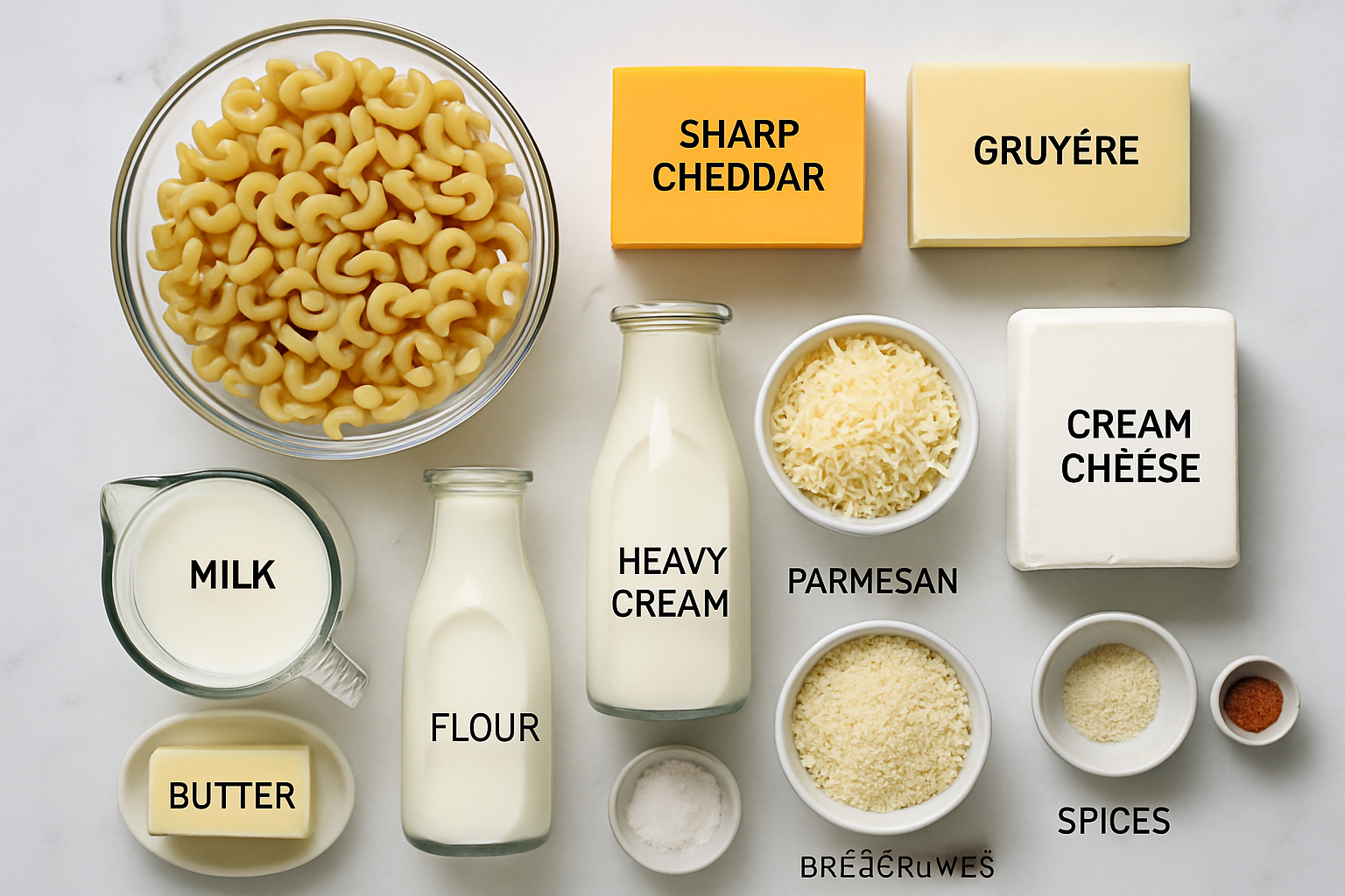 Flatlay of fresh ingredients for baked mac and cheese including pasta, cheeses, butter, and cream