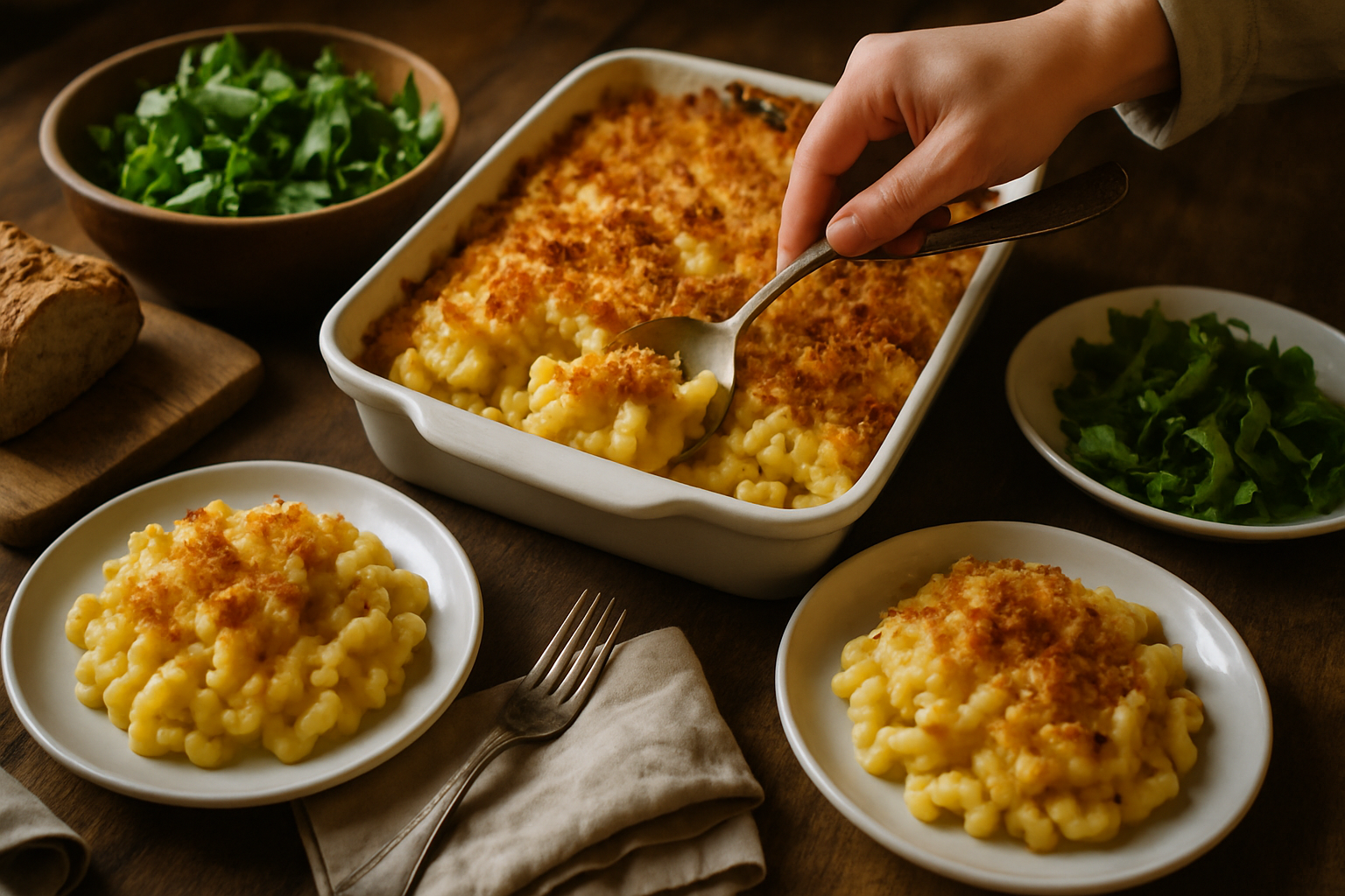 Baked mac and cheese served at dinner table with salad and bread