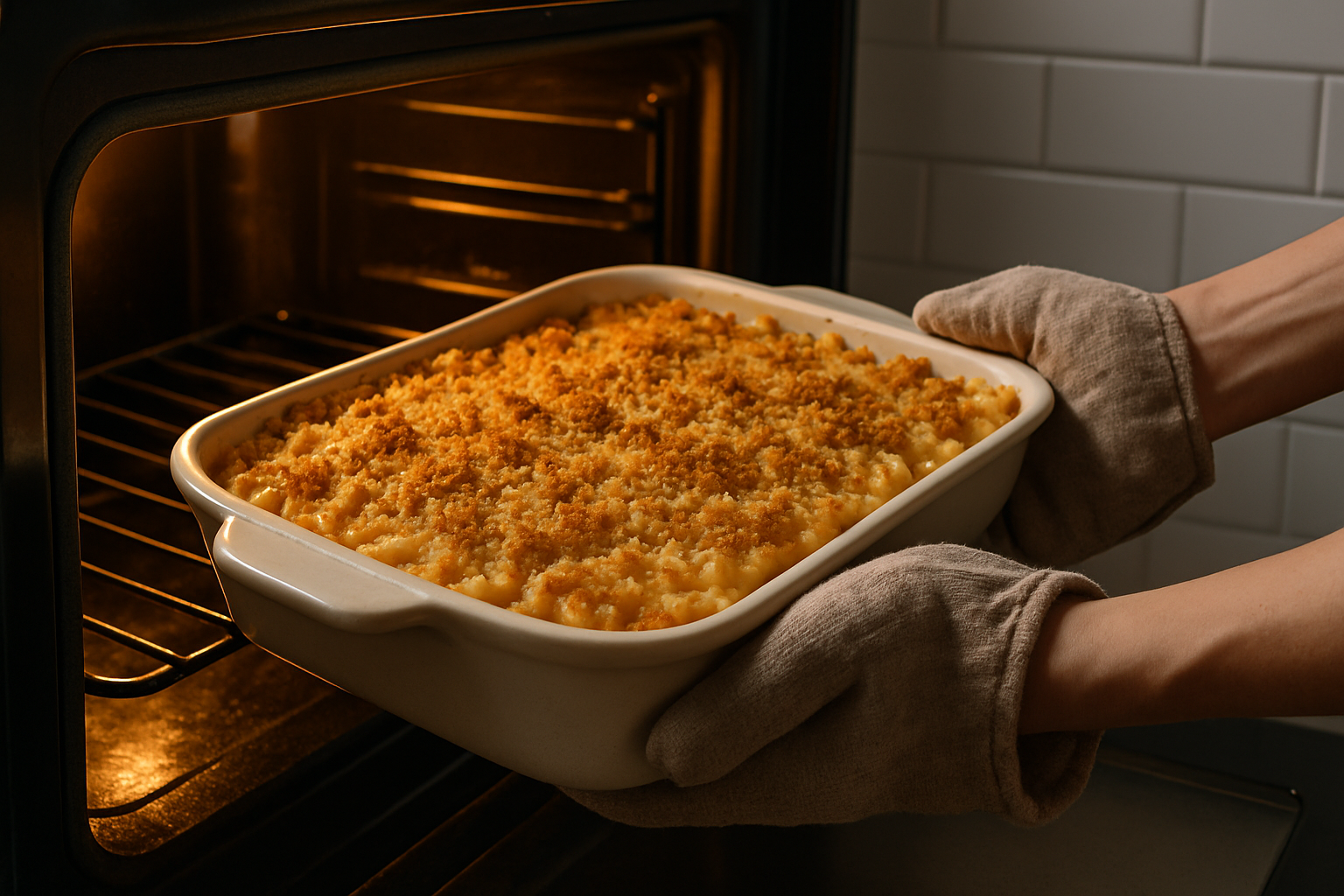 Golden baked mac and cheese being removed from oven with bubbling cheese sauce