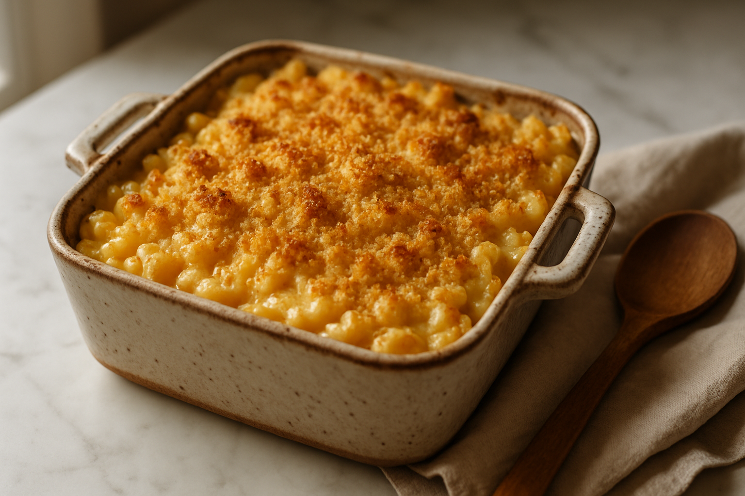 Golden baked mac and cheese with crispy breadcrumb topping in ceramic dish