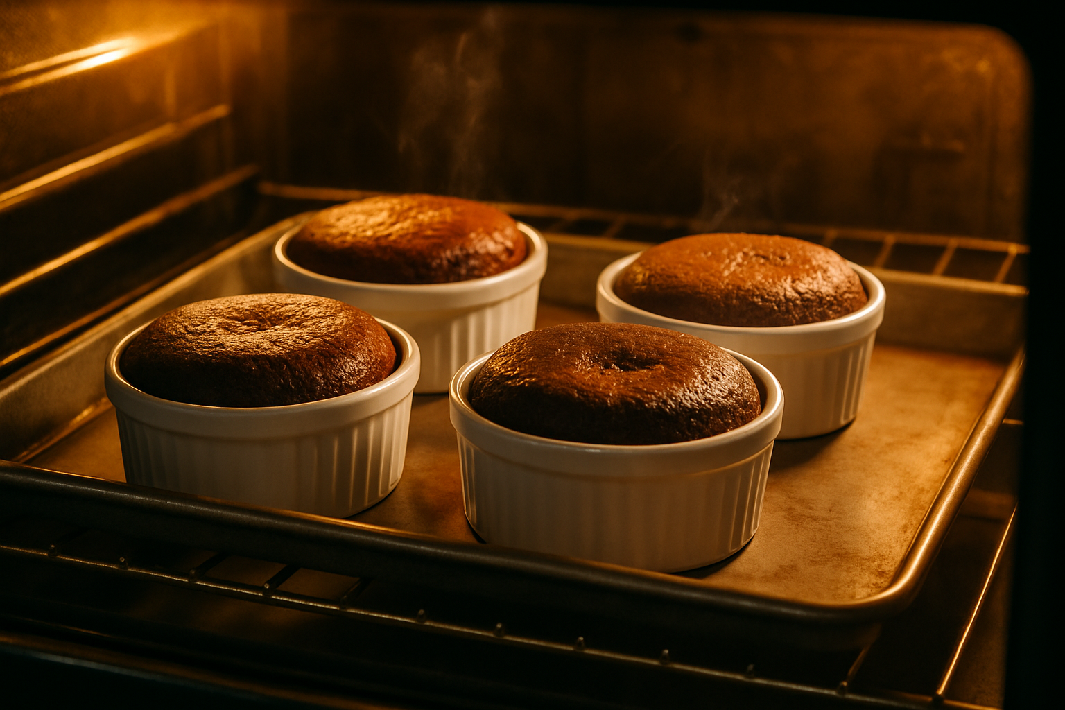 Four chocolate lava cakes baking in oven on baking sheet, tops forming crust while centers remain molten