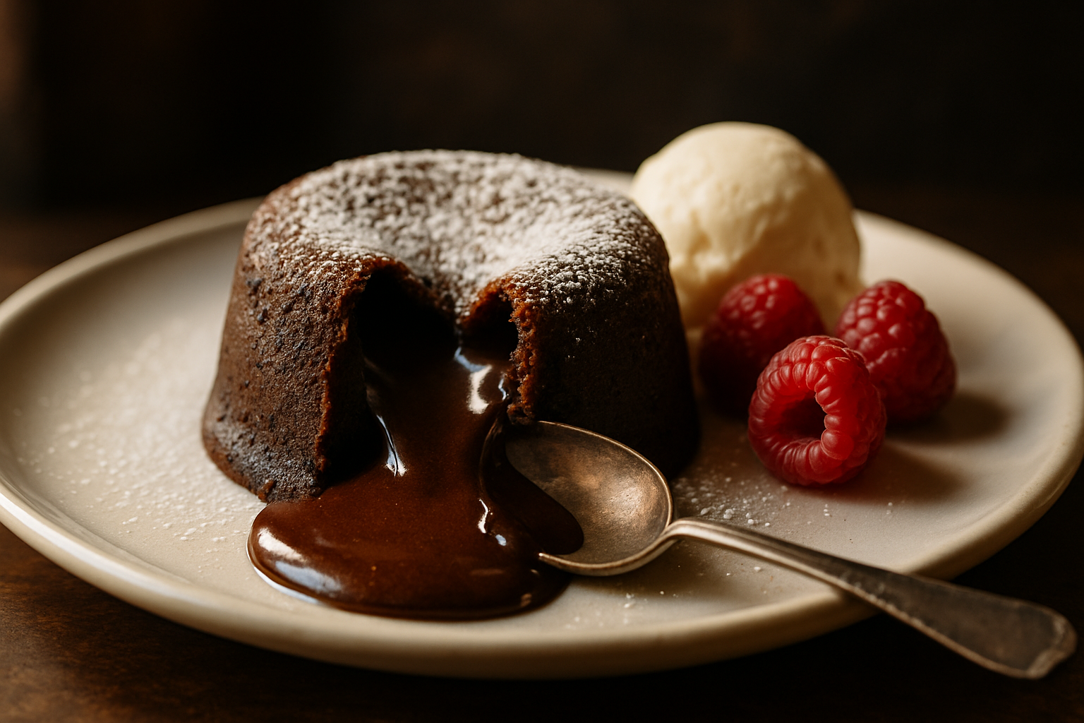 Chocolate lava cake with molten chocolate center flowing onto white plate, garnished with powdered sugar and fresh raspberries