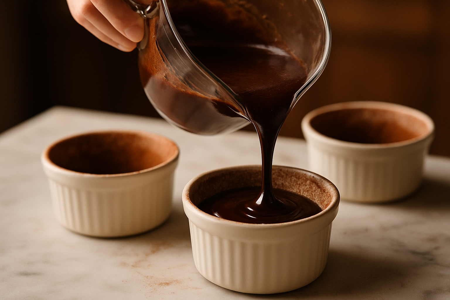 Chocolate lava cake batter being poured into cocoa-dusted ramekins on marble countertop