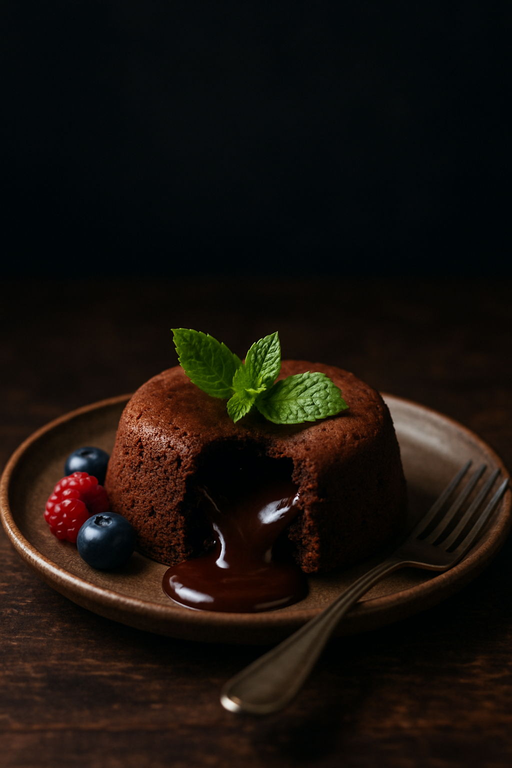Vertical shot of chocolate lava cake with flowing molten center on rustic plate, styled for Pinterest with dramatic lighting