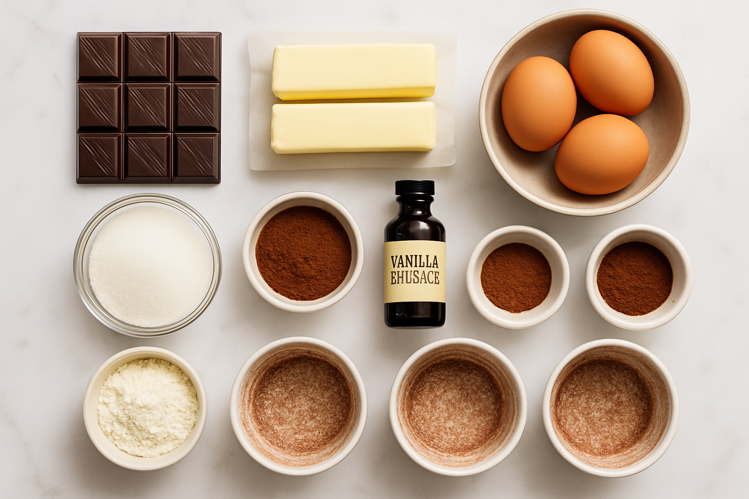 Overhead view of chocolate lava cake ingredients including dark chocolate, butter, eggs, sugar, and flour arranged on marble surface
