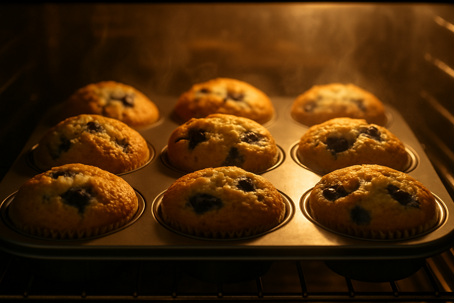 Blueberry muffins rising in the oven with tall golden-brown tops visible through oven door