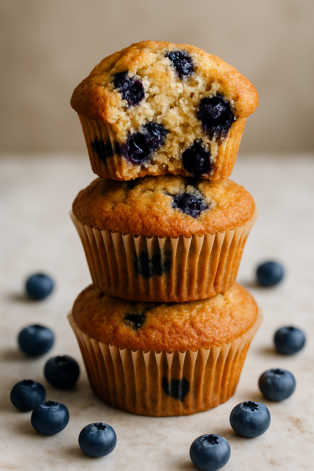 Stack of three blueberry muffins with one split open showing moist crumb and fresh blueberries