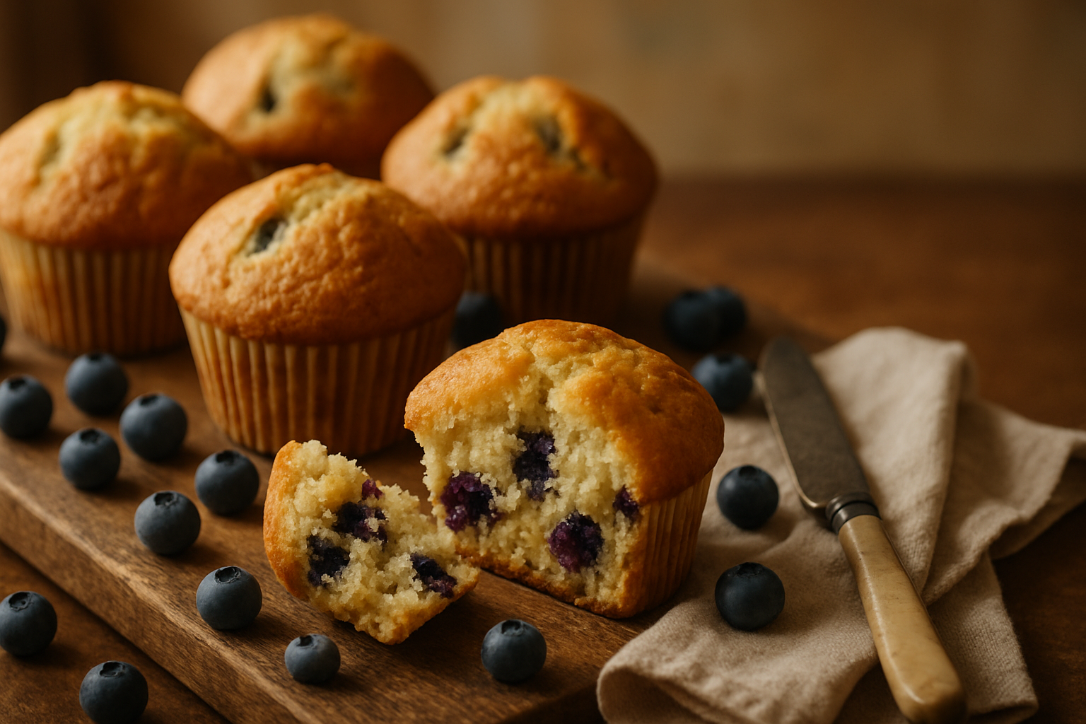 Freshly baked blueberry muffins with tall golden tops arranged on a wooden board with scattered fresh blueberries