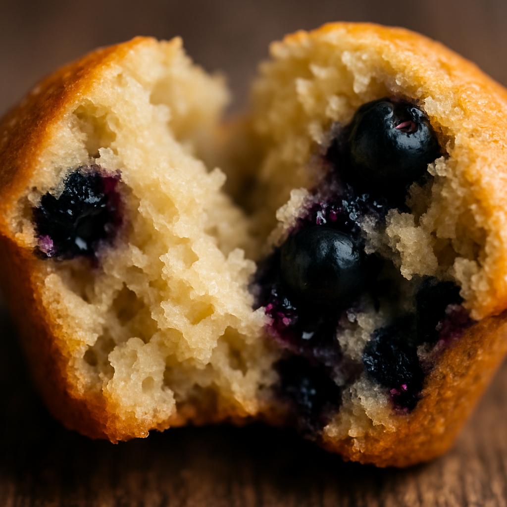 Close-up of blueberry muffin broken open revealing moist tender crumb with juicy blueberries inside
