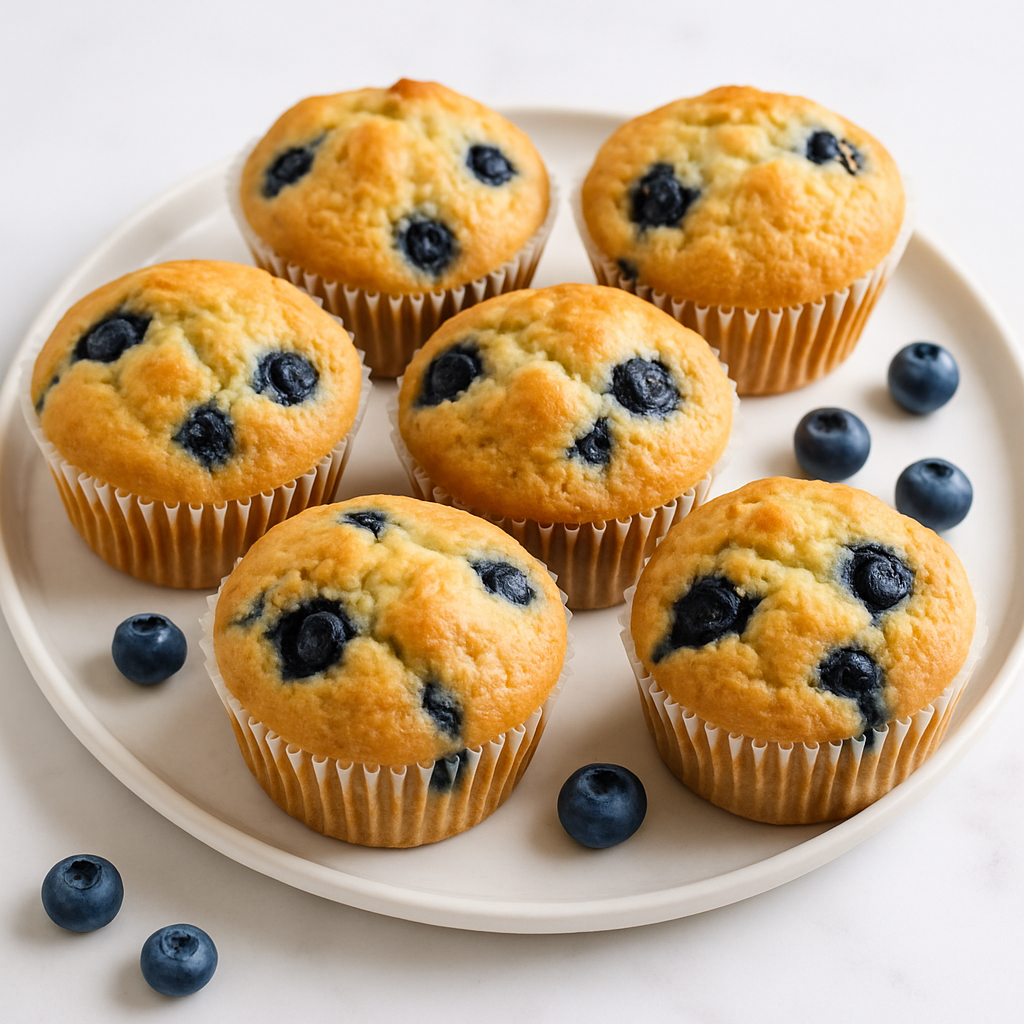 Six golden-brown blueberry muffins with tall tops arranged on white plate viewed from above