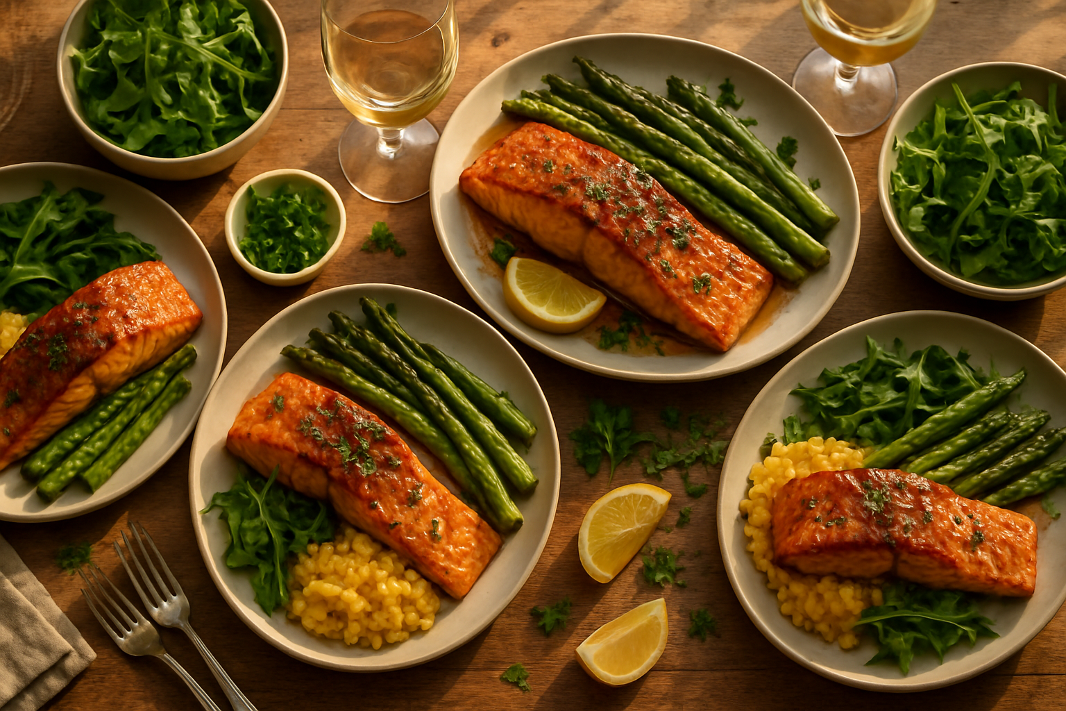 Complete dinner spread featuring honey garlic salmon with Italian sides including risotto and fresh salad