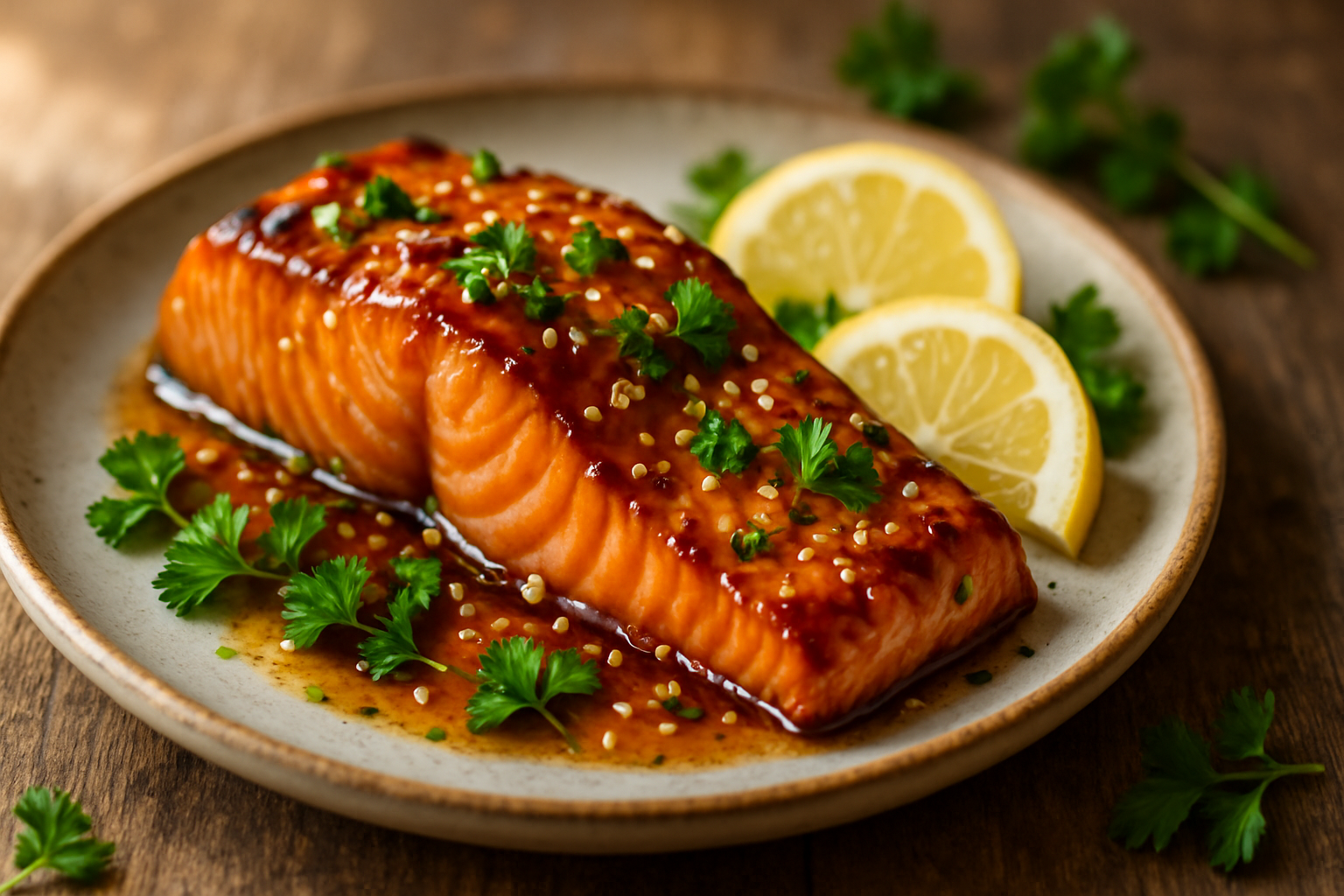 Honey garlic salmon with caramelized glaze on rustic plate garnished with parsley and sesame seeds