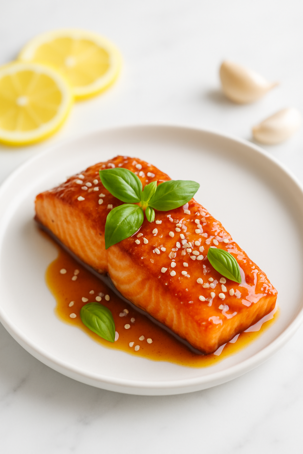 Vertical shot of honey garlic salmon with glossy glaze on white plate with fresh herbs