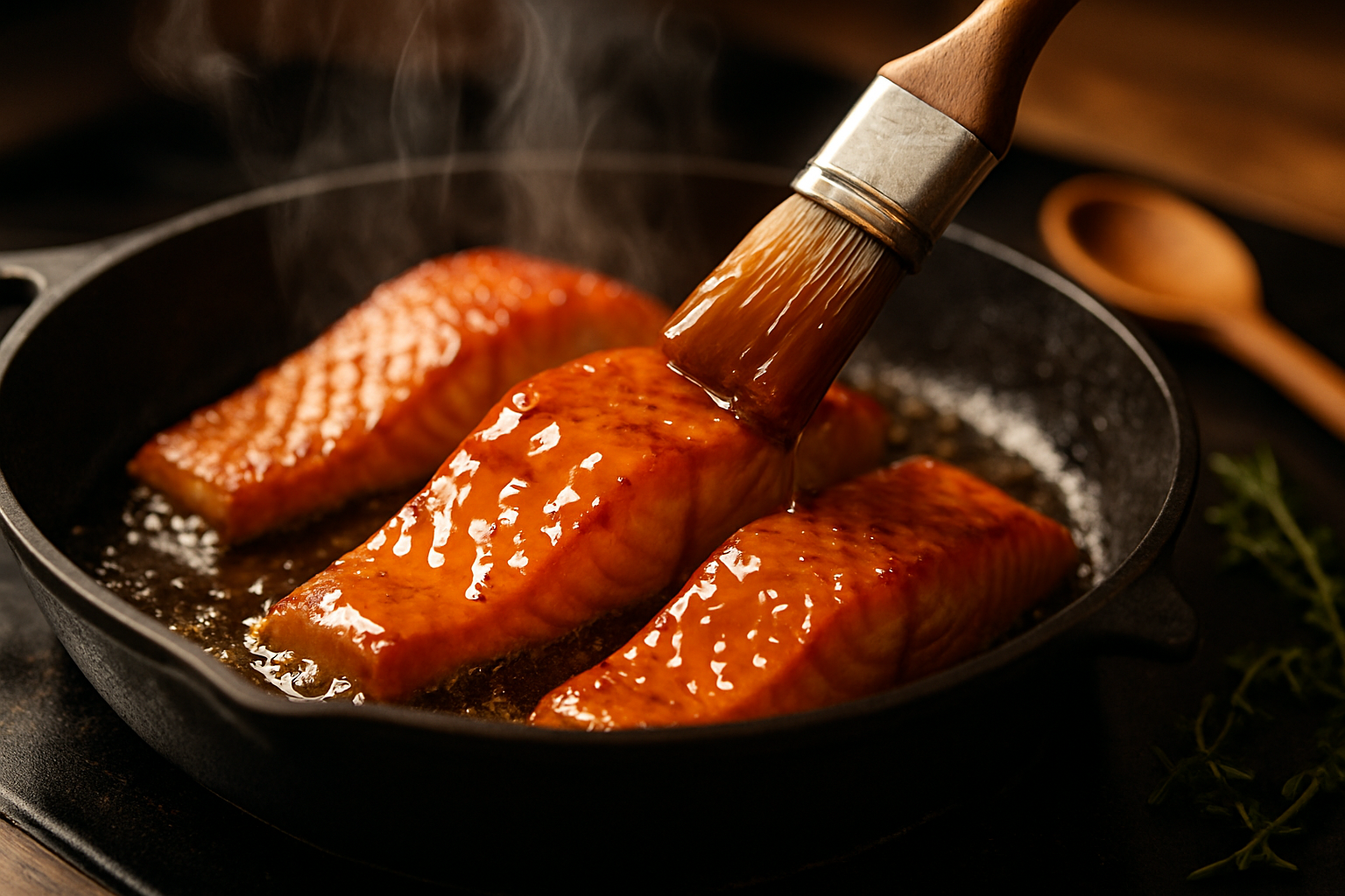 Salmon fillets being brushed with honey garlic glaze in hot cast iron skillet